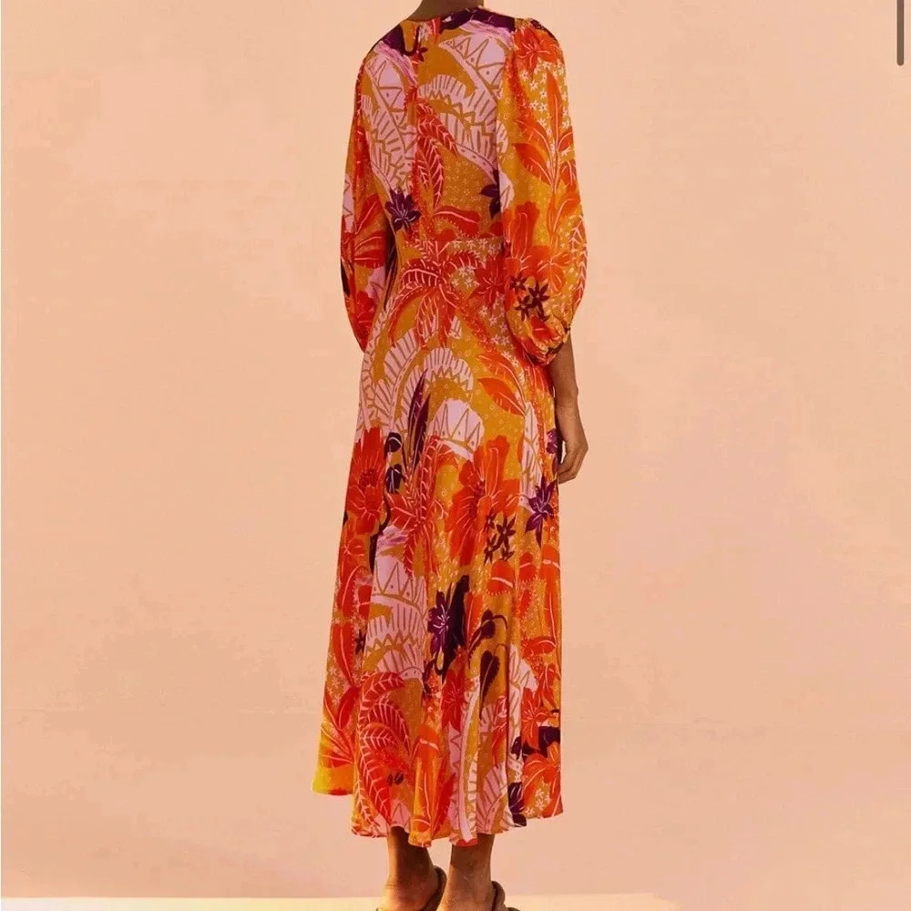 FARM RIO NWT Jungle Panther Print Cinch Keyhole Puff Sleeve Midi Dress S - Picture 5 of 15